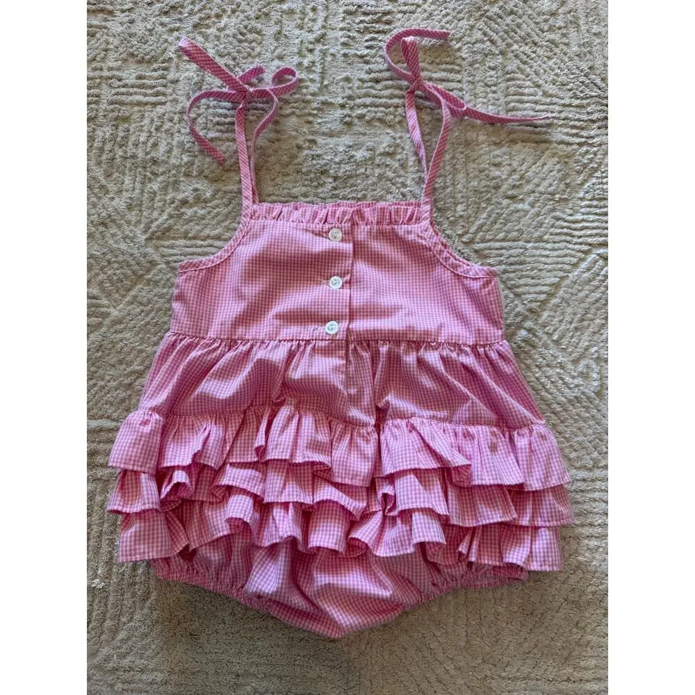 Stitchy Fish Baby Girl Pink Gingham Smocked Strawberry Bubble Romper Size 9M
